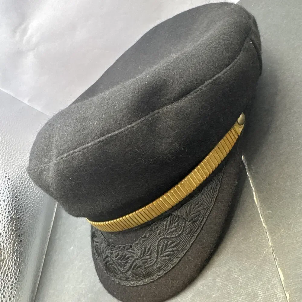 Vintage Greek Fisherman Cap Black Wool Gold Band Made in Greece Nautical Hat